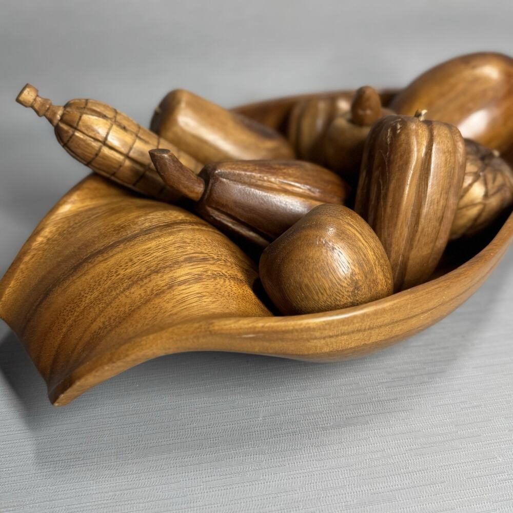 Vintage Retro MCM Carved Bowl Wooden Vegetable Fruit 10 Piece Set Fall Cottage - Picture 5 of 16